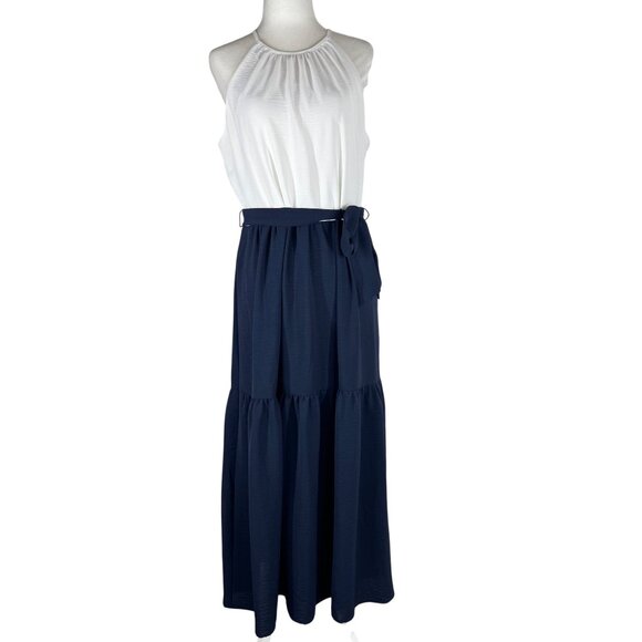 DKNY Sleeveless Dress Midi Size 8 Navy Ivory Fit Flare Tiered Halter Neck - Picture 1 of 12